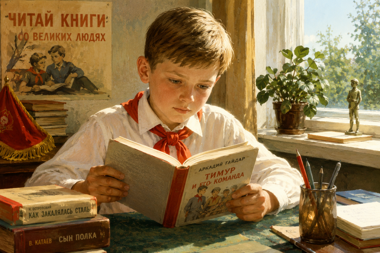 Пионер читает книгу Сгенерировано ИИ